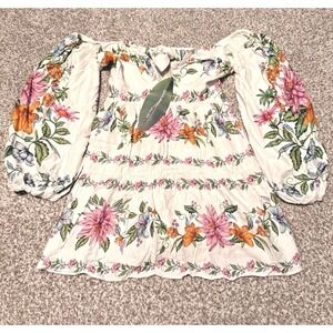 Farm Rio Large Floral Off-The-Shoulder Balloon Sleeve Keyhole Mini Dress New